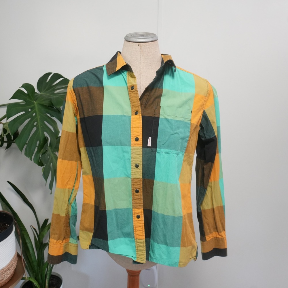 Topo Designs Plaid Shirt Womens M Teal Yellow Organic‎ Cotton Gorpcore Hiking